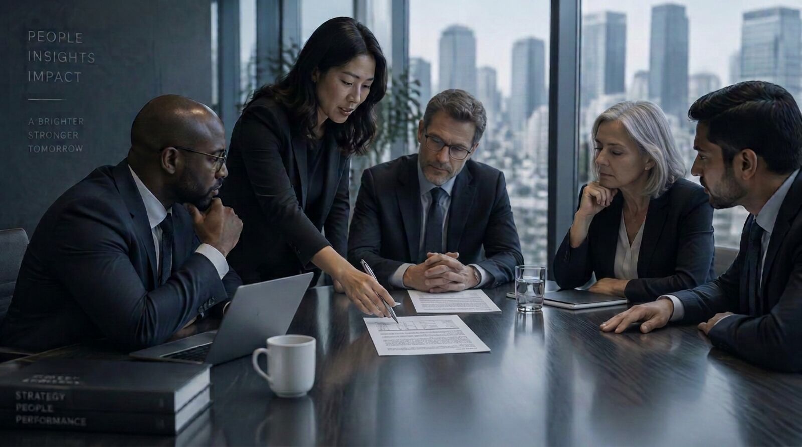 Leadership team reviewing commercial analyses around a boardroom table